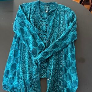 Johnny Was Teal Embroidered Cardigan
